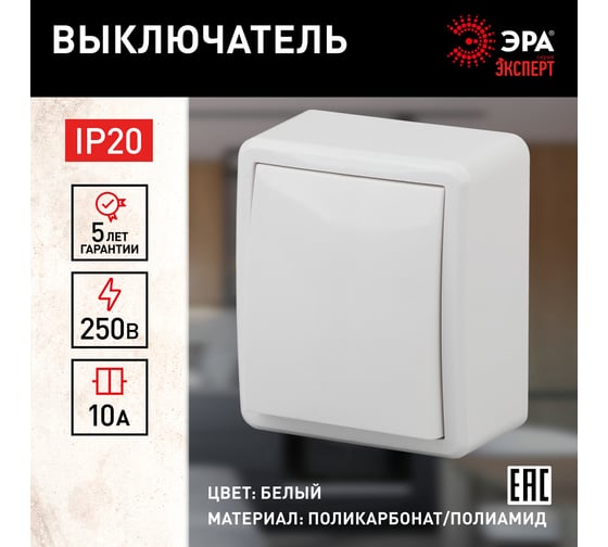 Выключатель ЭРА 11-1201-01, 10АХ-250В, IP20, ОУ, Эксперт, белый Б0020653