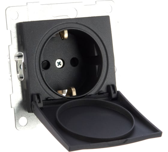 Розетка GUSI ELECTRIC Bravo 1-ой с/з с з/ш и крышкой, СУ, 16А, 250В, графит С10Р91-010