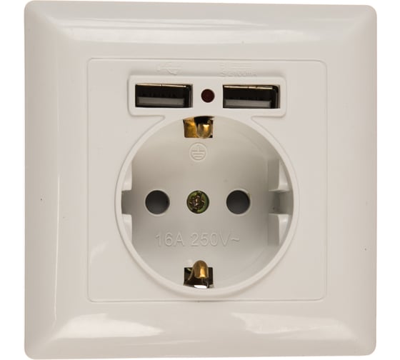 Розетка+USB Intro 441001 PE Schuko со шторками, 16А, 250В 2хUSB, СУ, Solo, Б0043403