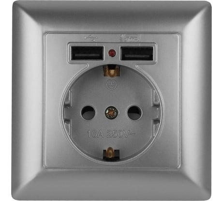 Розетка+USB Intro 441003 PE Schuko со шторками, 16А, 250В 2хUSB, СУ, Solo, Б0043405
