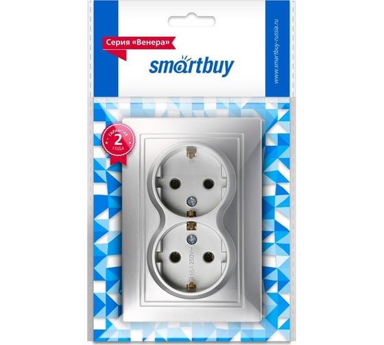 Розетка Smartbuy 2-местная с заземлением 16А серебро, Венера SBE-01s-16-S2-Z-c