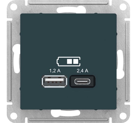 usb розетка a+с Systeme Electric Atlasdesign изумруд 5в/2,4 а, 2x5в/1,2 а ATN000839