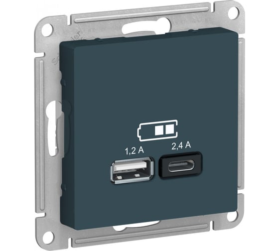 usb розетка a+с Systeme Electric Atlasdesign изумруд 5в/2,4 а, 2x5в/1,2 а ATN000839
