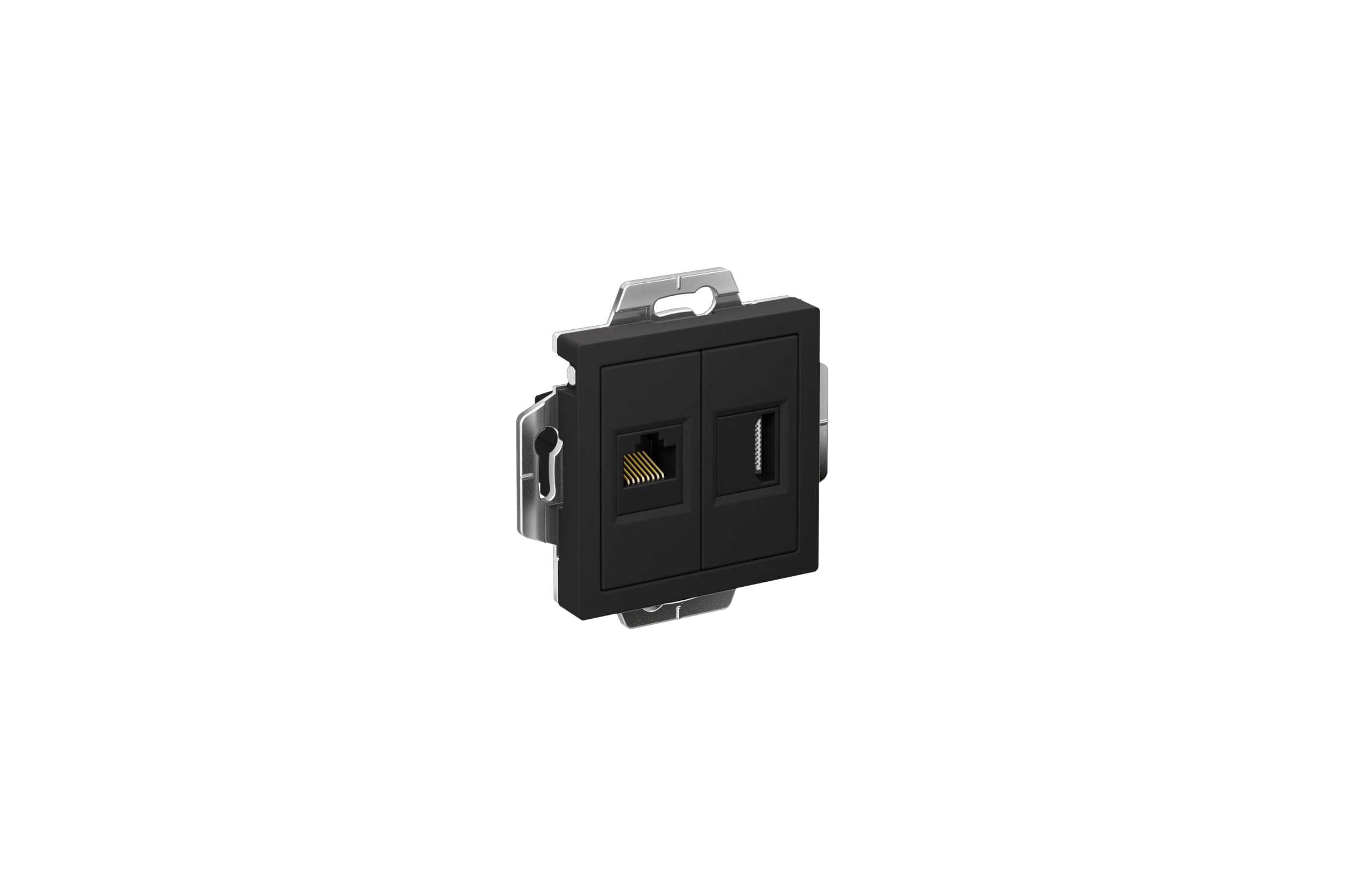 МеханизмдвойнойрозеткиSystemeElectricAtlasdesignкарбонhdmi+rj45,кат.5е,ATN001082