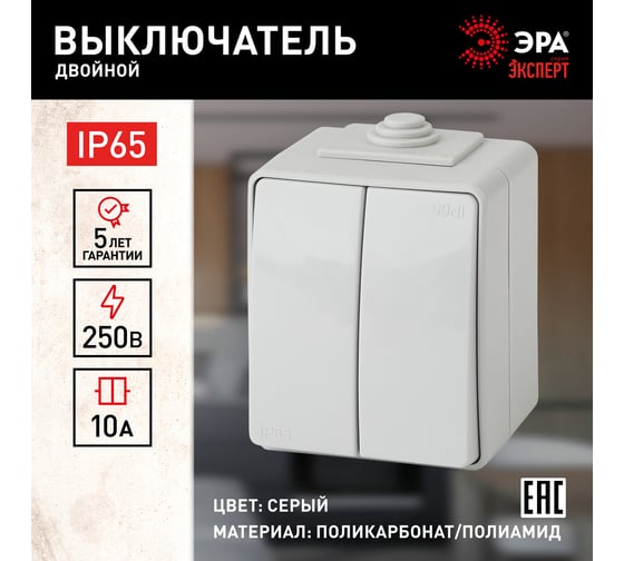 Двойной выключатель ЭРА 11160403 IP65, 10АХ250В, ОУ, Эксперт, серый Б0035976