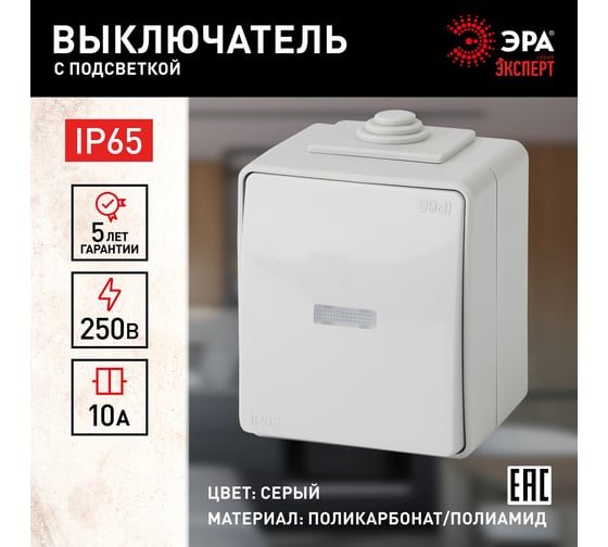 Выключатель с подсветкой ЭРА Эксперт 11160203 IP65, 10АХ250В, ОУ, Б0035974