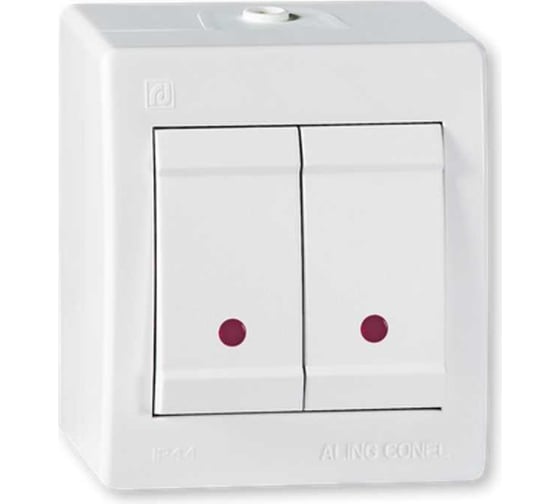 Выключатель Aling-conel POWER 2-клавишный с индикацией накладной IP44 10AX 250V белый арт. 2521.00