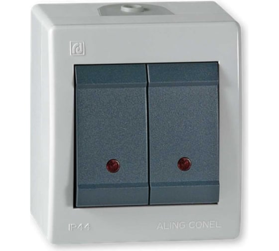 Выключатель Aling-conel POWER 2-клавишный с индикацией накладной IP44 10AX 250V серый-графитовый арт. 2521.1A