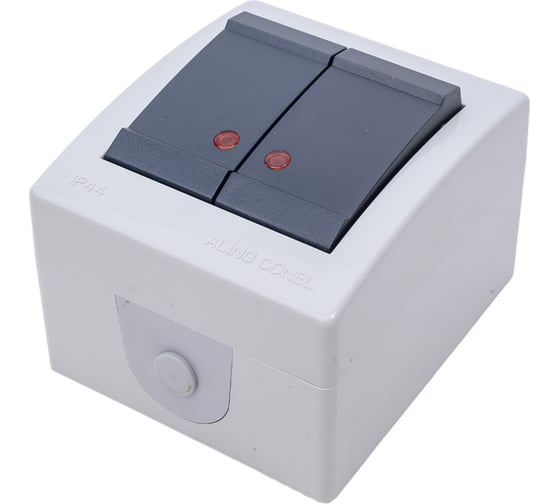 Выключатель Aling-conel POWER 2-клавишный с индикацией накладной IP44 10AX 250V серый-графитовый арт. 2521.1A