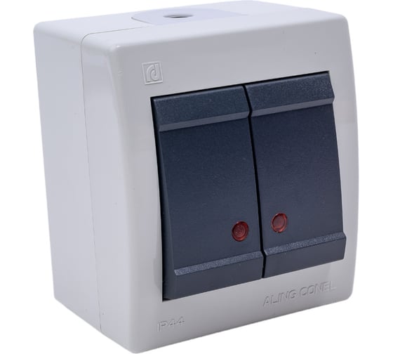 Выключатель Aling-conel POWER 2-клавишный с индикацией накладной IP44 10AX 250V серый-графитовый арт. 2521.1A