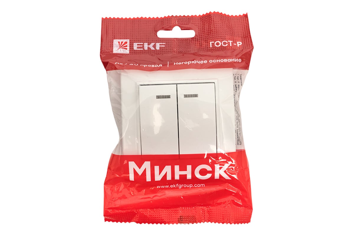 Двухклавишный выключатель с индикатором EKF Минск СП, 10А, белый Basic  ERV10-123-10