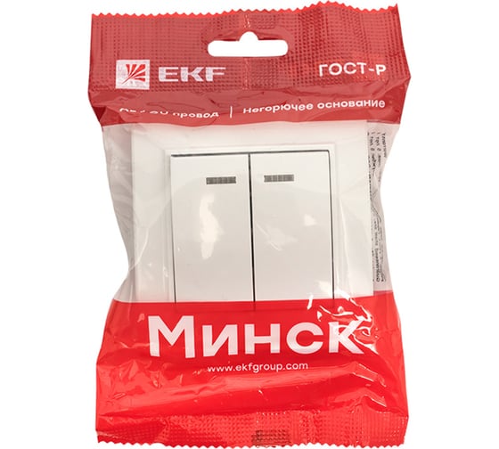 Двухклавишный выключатель с индикатором EKF Минск СП, 10А, белый Basic ERV10-123-10