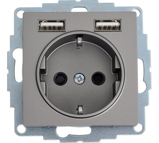 Розетка 16а c 2 usb a+a Systeme Electric Atlasdesign сталь, 5в/2,4 а, 2x5в/1,2 а ATN000930 1