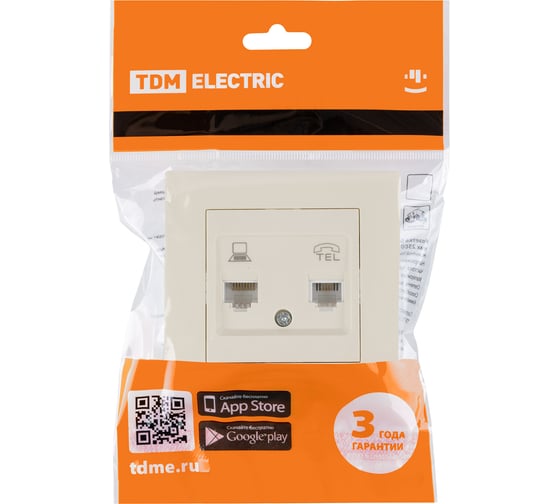 Розетка телефонная rj11 + компьютерная rj45 TDM ELECTRIC слоновая кость "сенеж" SQ1816-0148