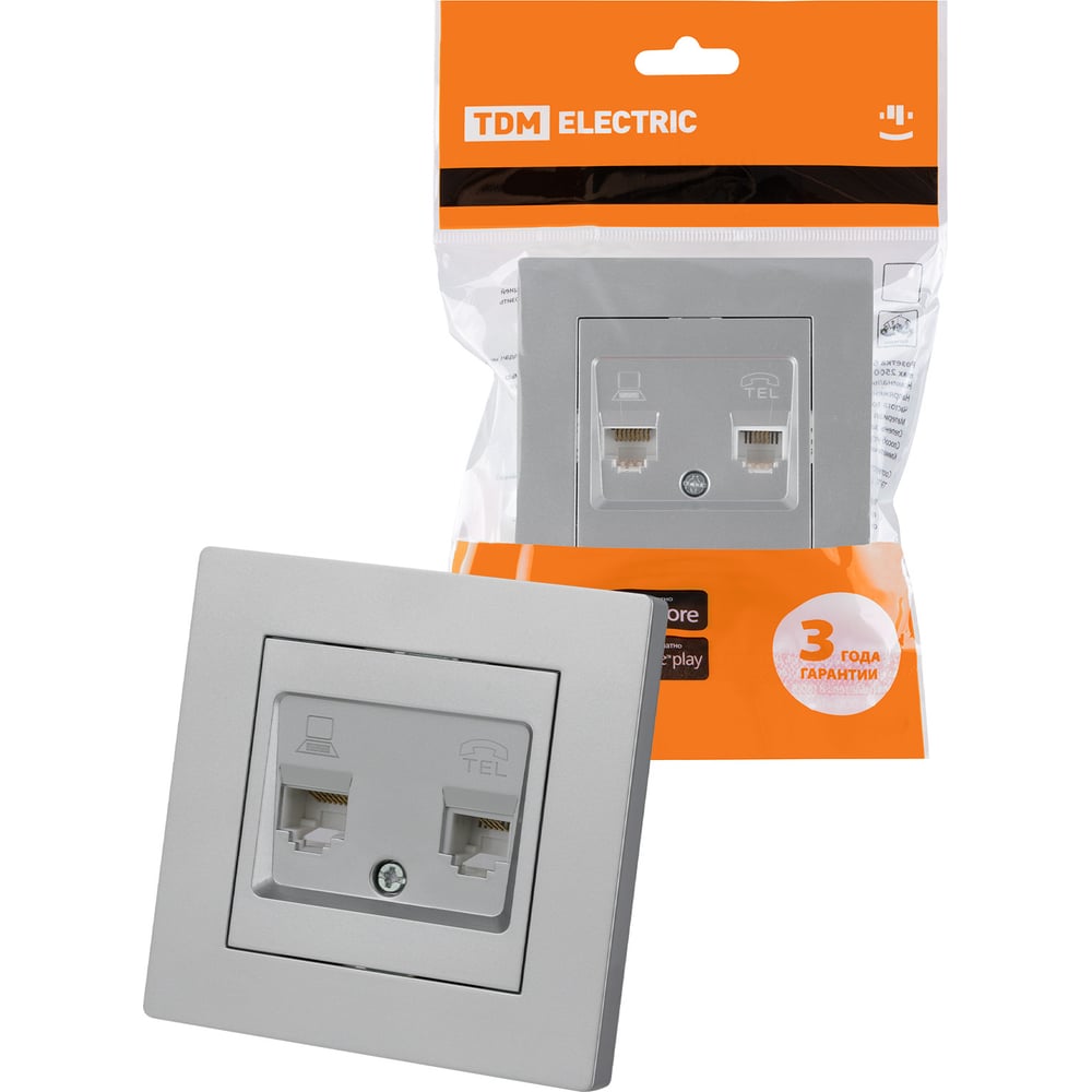Розетка телефонная rj11 + компьютерная rj45 TDM ELECTRIC серебр ...