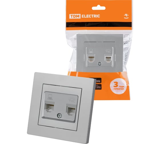 Розетка телефонная rj11 + компьютерная rj45 TDM ELECTRIC серебр. металлик "сенеж" SQ1816-0248