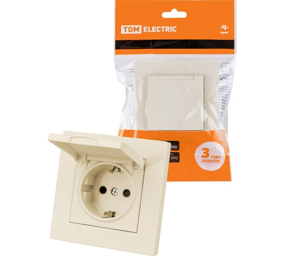 Розетка TDM ELECTRIC 2п+з 16А 250В ip44 с защитными шторками с крышкой слоновая кость "сенеж" SQ1816-0139