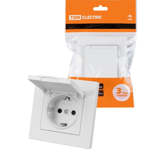 Розетка TDM ELECTRIC 2п+з 16А 250В ip44 с защитными шторками с крышкой белая "сенеж" SQ1816-0039 1