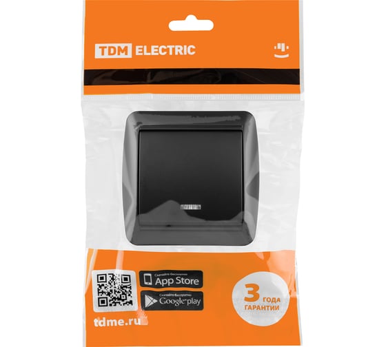 1-клавишный выключатель TDM ELECTRIC открытой установки, с подсветкой, IP44, 10А, графит, "Селигер" SQ1818-0303