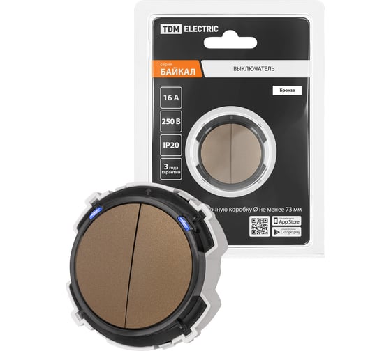 Выключатель TDM ELECTRIC 2-кл. 16а 250в проходной кнопочный механизм бронза, "байкал" SQ1819-0425 1