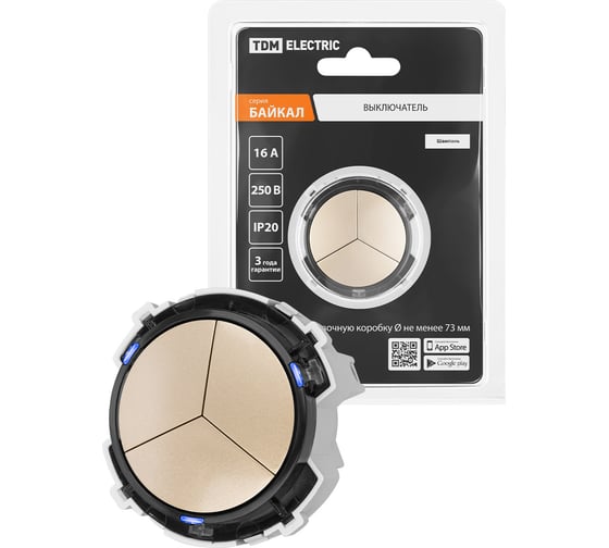 Выключатель TDM ELECTRIC 3-кл. 16а 250в проходной кнопочный механизм шампань, "байкал" SQ1819-0527
