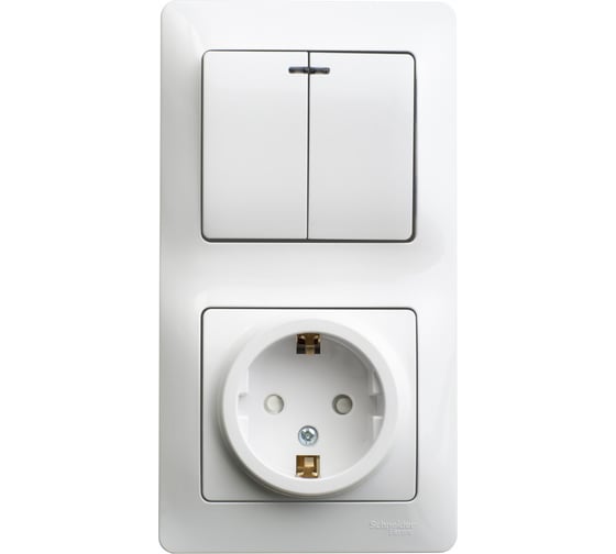 Блок Systeme Electric Glossa белый розетка с заземлением, со шторками и 2-клавишный выключатель с подсветкой GSL000175