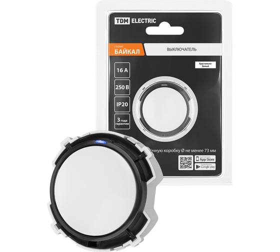 1-клавишный проходной выключатель TDM ELECTRIC 16а, 250в, кнопочный механизм, белый, "байкал" SQ1819-0023 1