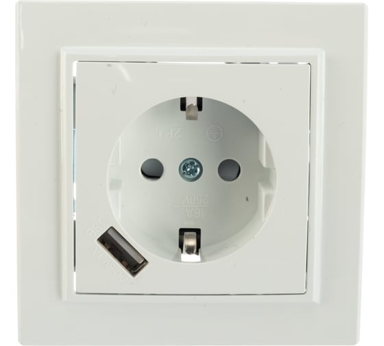 1-местная розетка EKF Минск СП 16А с заземлением, с защитными шторками с USB 1А, белая ERR16-028-100-USB