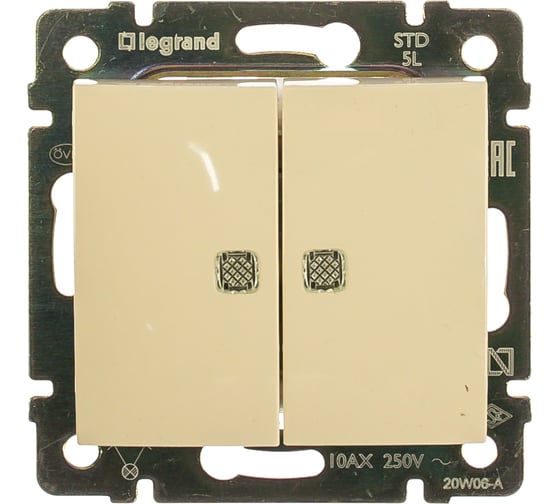Выключатель Legrand двухклавишный с подсветкой Legrand Valena 10А 250В схема 5L безвинтовые зажимы слоновая кость 774328 1