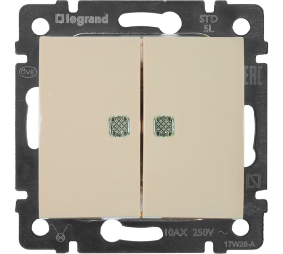 Выключатель Legrand двухклавишный с подсветкой Legrand Valena 10А 250В схема 5L безвинтовые зажимы слоновая кость 774328