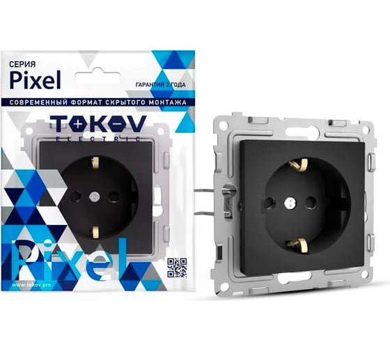 Механизм 1-местной розетки TOKOV ELECTRIC СП Pixel 16А, IP20, с заземлением, защитные шторки, карбон TKE-PX-R1ZSF-C14 1