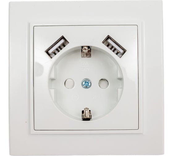 1-местная розетка EKF Минск, СП, с/з, 16А, с защитными шторками, с 2 USB, 2.1А, белая ERR16-028-100-2USB