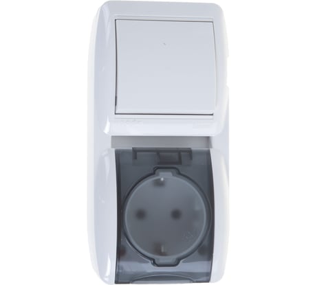 Выключатель и розетка Lezard, NATA, с/з, с крышкой, белый, вертикальный, 710-0200-172