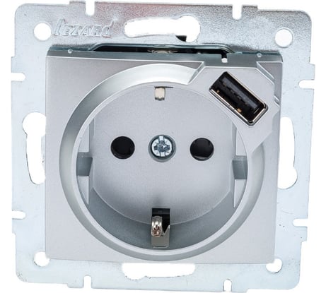 Розетка + USB разъём Lezard, KARINA, с заземлением, матовое серебро, 707-4388-181