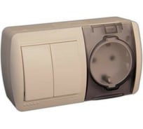 2-х клавишный выключатель и розетка с крышкой Lezard NATA с заземлением, горизонталь, кремовый 710-0300-171