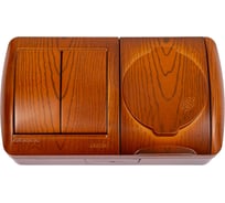 2-х клавишный выключатель и розетка с крышкой Lezard NATA с заземлением, сосна, горизонтальный 710-0800-171