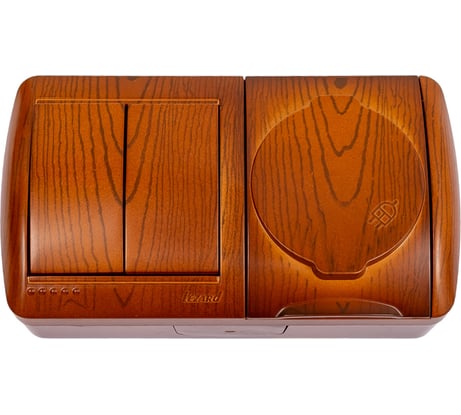 2-х клавишный выключатель и розетка с крышкой Lezard NATA с заземлением, сосна, горизонтальный 710-0800-171