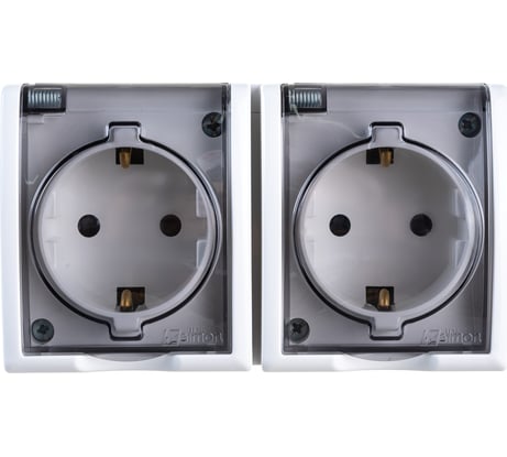 Двойная розетка Simon с заземлением Schuko со шторками, с крышкой полупрозрачной, IP54, 16А 250В 1594443-030