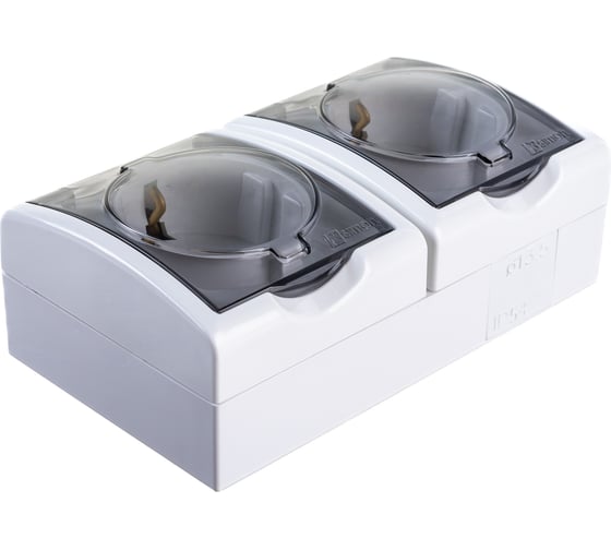 Двойная розетка Simon с заземлением Schuko со шторками, с крышкой полупрозрачной, IP54, 16А 250В 1594443-030