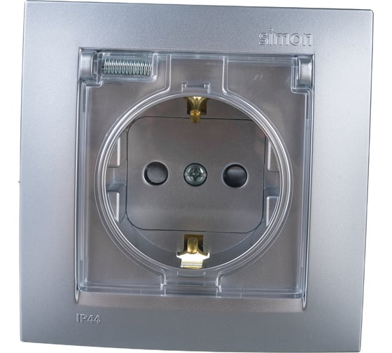 Розетка Simon с заземлением, Schuko, со шторками, с крышкой, IP44, 16А, 250В, алюминий 1590450-033