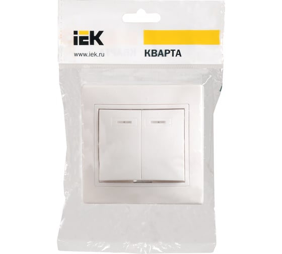 2клавишный выключатель IEK КВАРТА в сборе, белый, с индикатором EVK21-K01-10-DM