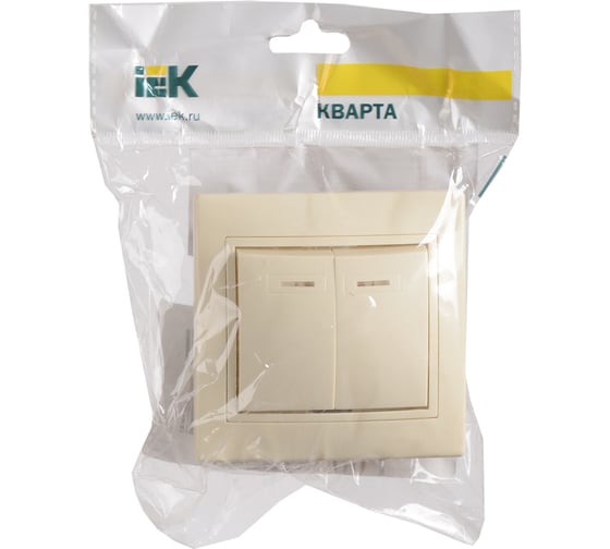 2клавишный выключатель IEK КВАРТА в сборе, кремовый, с индикатором EVK21-K33-10-DM