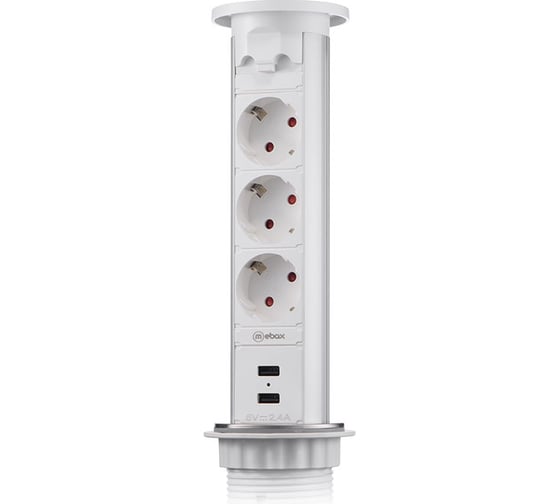 Выдвижная встраиваемая розетка Mebax 105J 3 секции Серебро+Белый Автоматический d60мм 2 USB , 00-00000823