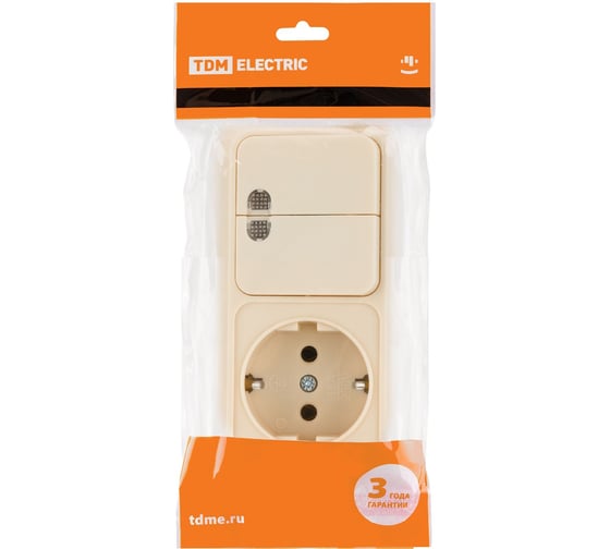 Комбинированный блок TDM ELECTRIC выкл. 2-кл. с/п 10А + розетка 2П+З 16А 250В БКВР IP20 слоновая кость "Ладога" SQ1801-0204