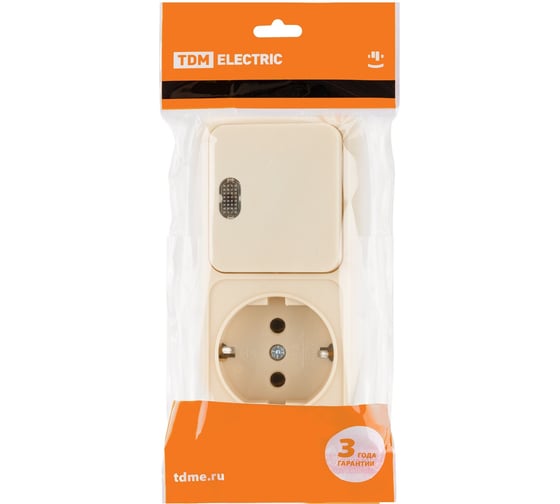 Комбинированный блок TDM ELECTRIC выкл. 1-кл. с/п 10А + розетка 2П+З 16А 250В БКВР IP20 слоновая кость "Ладога" SQ1801-0203