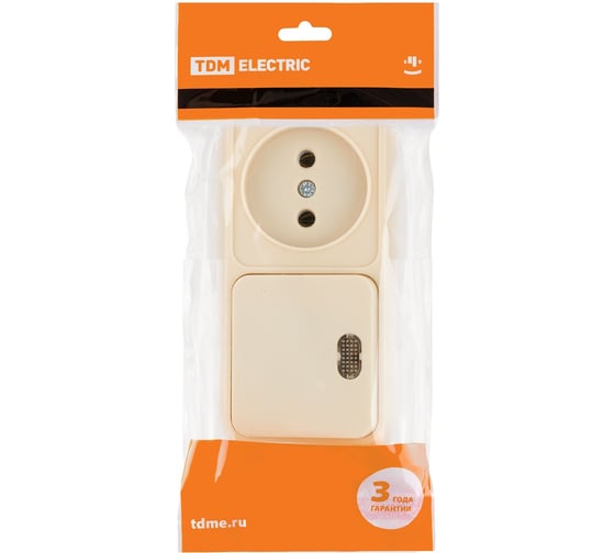 Комбинированный блок TDM ELECTRIC выкл. 1-кл. с/п 10А + розетка 2П 10А 250В БКВР IP20 слоновая кость "Ладога" SQ1801-0207