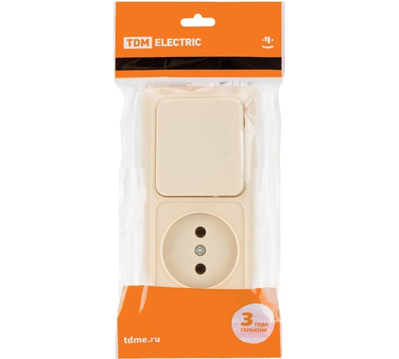 Комбинированный блок TDM ELECTRIC выкл. 1-кл. 10А + розетка 2П 10А 250В БКВР IP20 слоновая кость "Ладога" SQ1801-0205