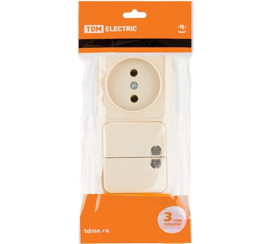 Комбинированный блок TDM ELECTRIC выкл. 2-кл. с/п 10А + розетка 2П 10А 250В БКВР IP20 слоновая кость "Ладога" SQ1801-0208