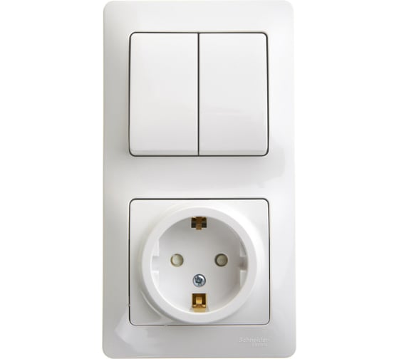 Блок розетка с заземлением со шторками + 2 клавишный выключатель Systeme Electric GLOSSA БЕЛЫЙ GSL000174