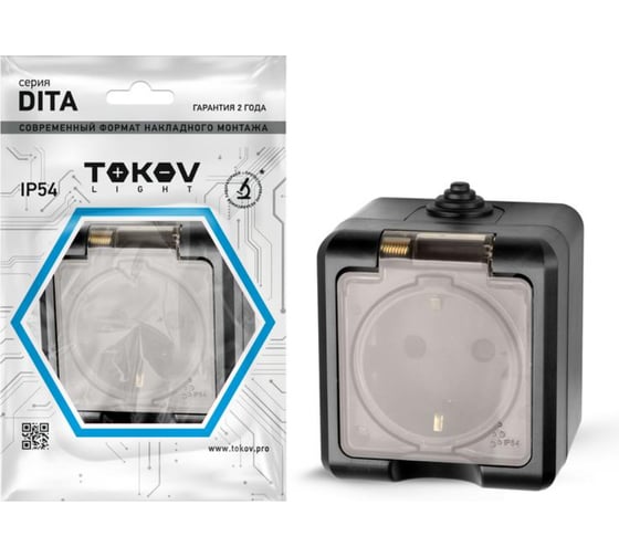 1-местная розетка TOKOV ELECTRIC ОП Dita 16А, IP54, 250В, с заземлением, с прозрачной крышкой, карбон TKL-DT-R1Z-C14T-IP54